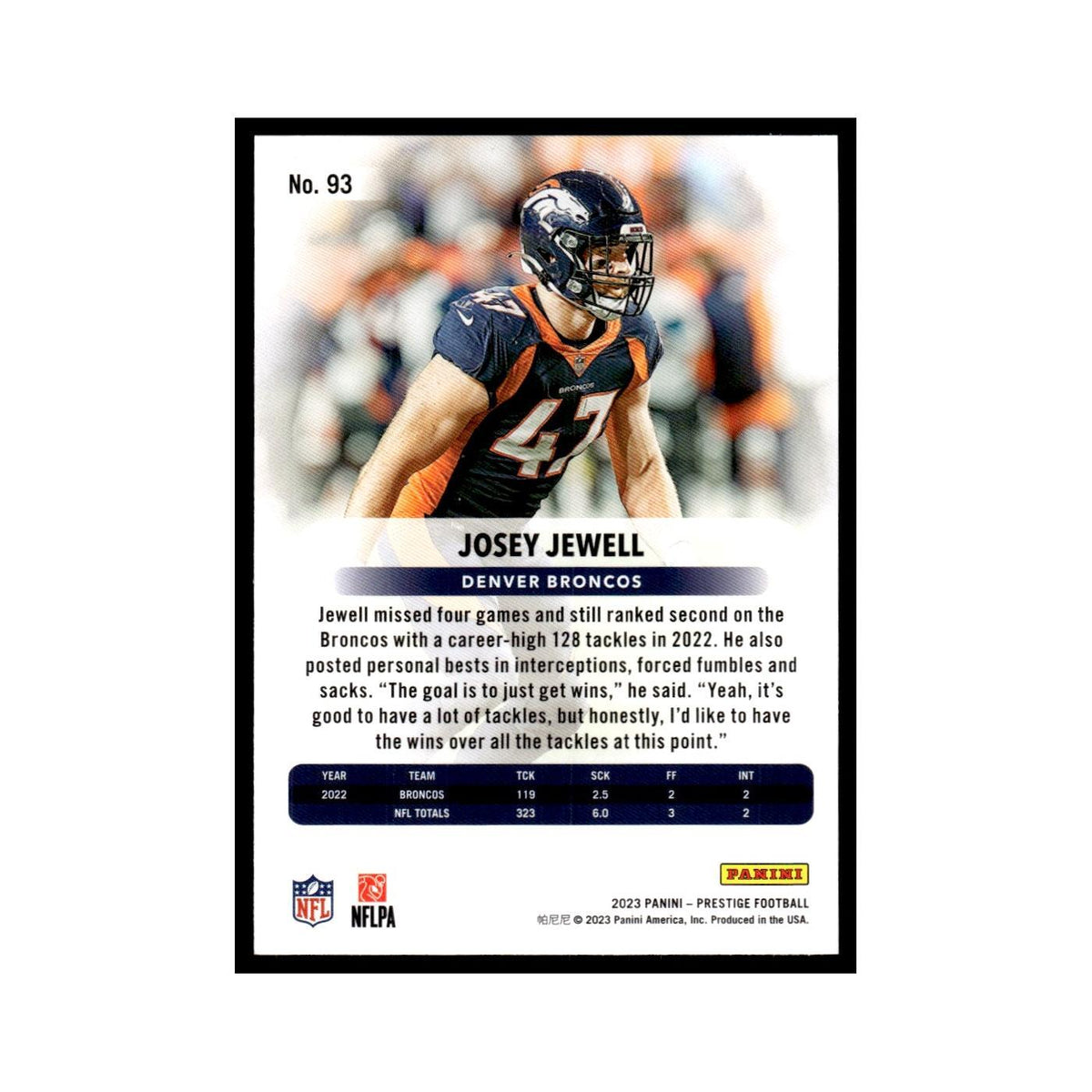 Josey Jewell 2023 Panini Prestige #93 Denver Broncos Football Card NM