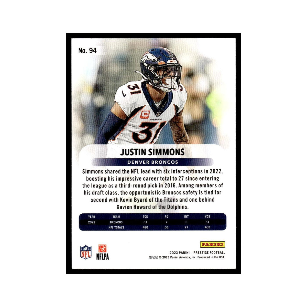 Justin Simmons 2023 Panini Prestige #94 Denver Broncos Football Card NM