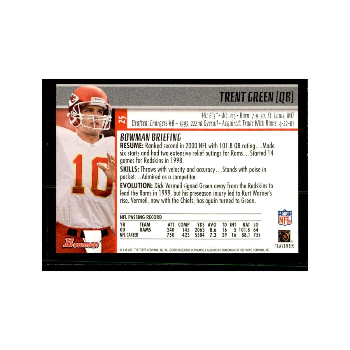 2001 Bowman Trent Green Football Cards #25