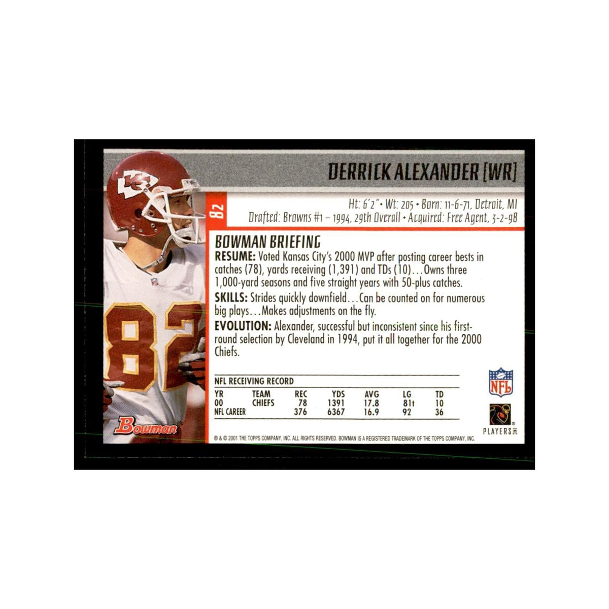 2001 Bowman Derrick Alexander Football Cards #82