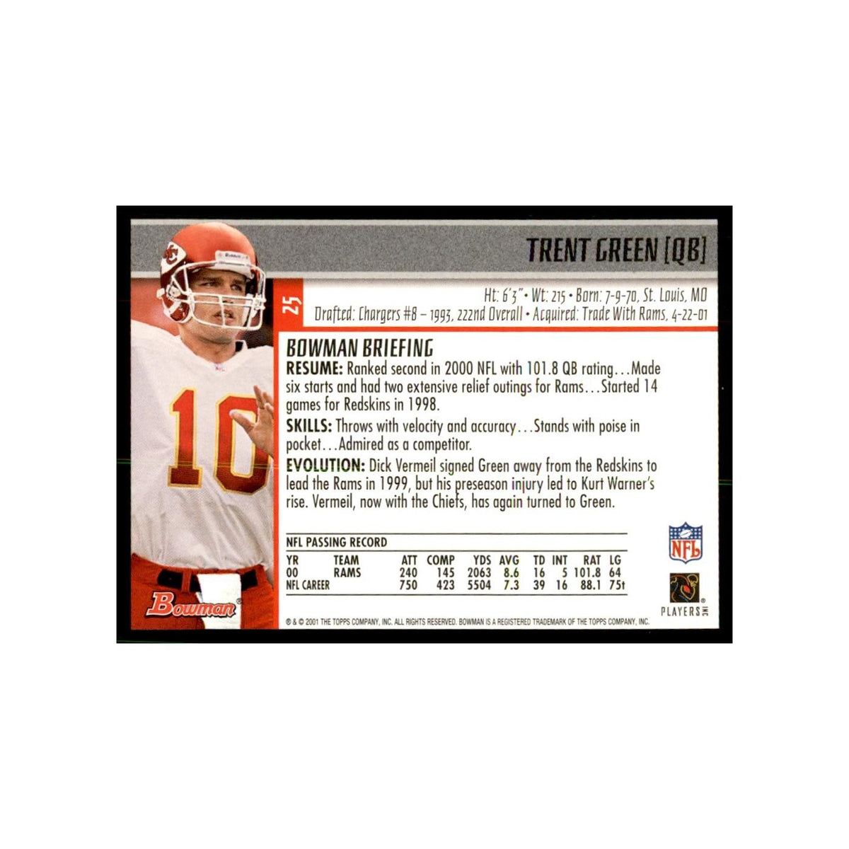 2001 Bowman Trent Green Football Cards #25
