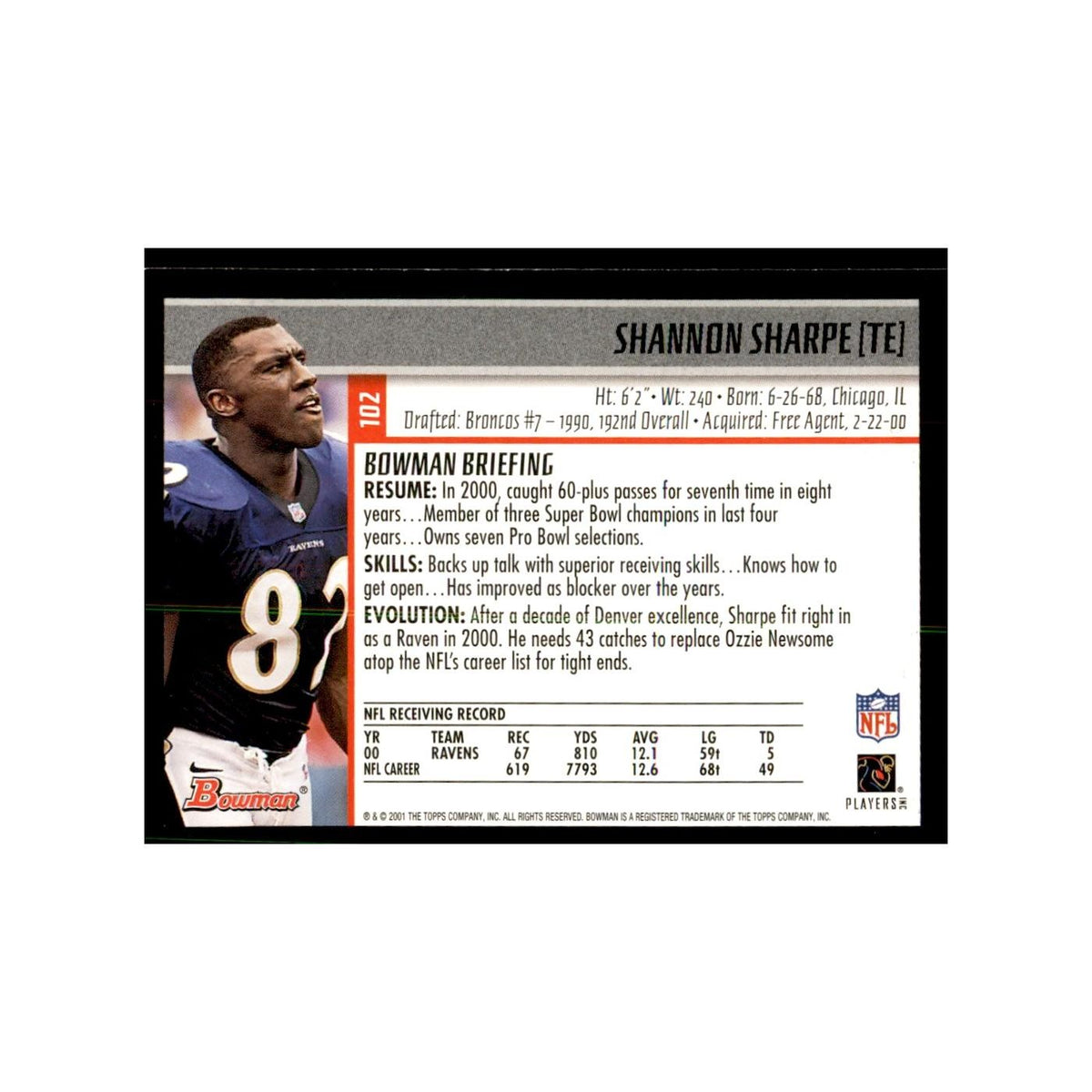 2001 Bowman Shannon Sharpe Football Cards #102