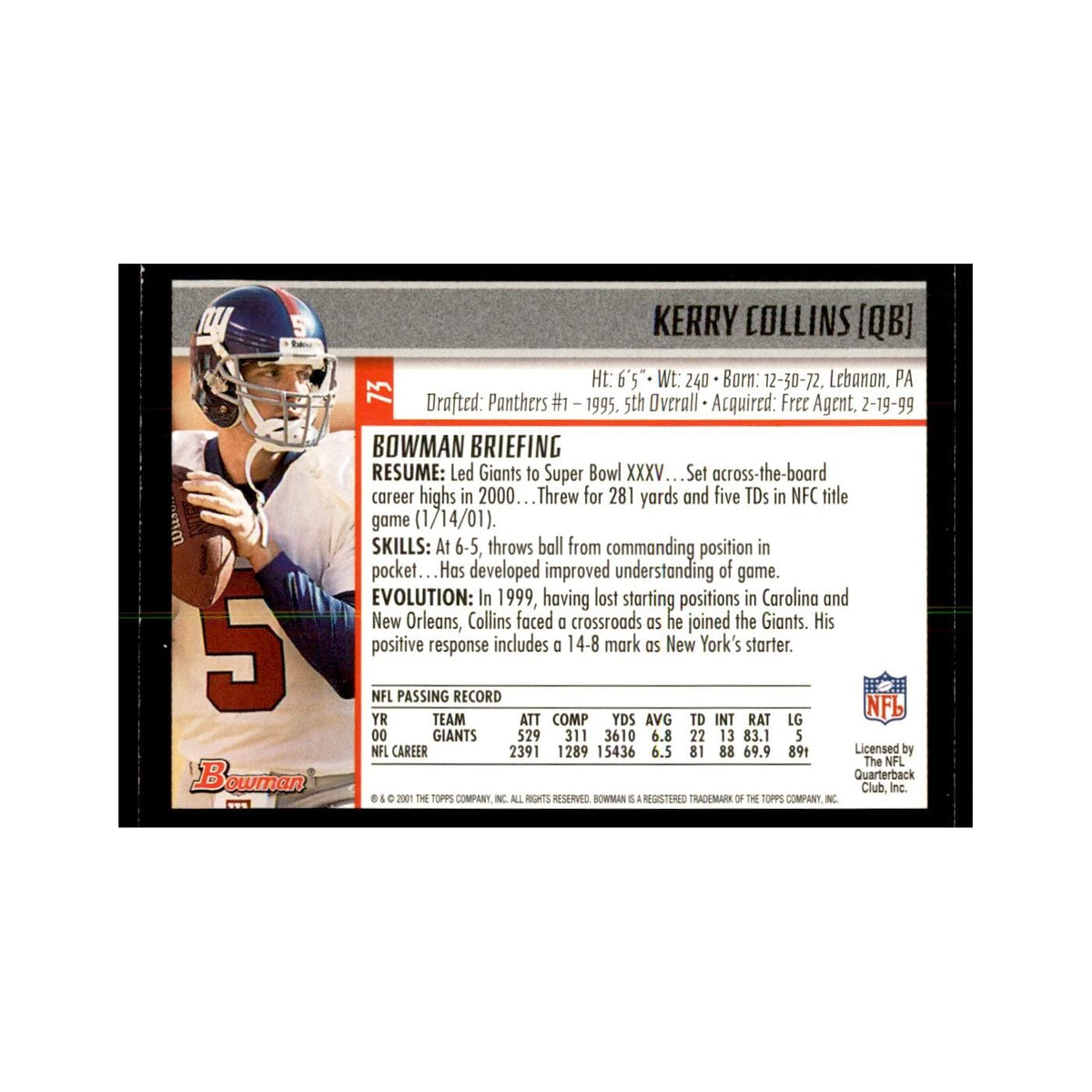 2001 Bowman Kerry Collins Football Cards #73