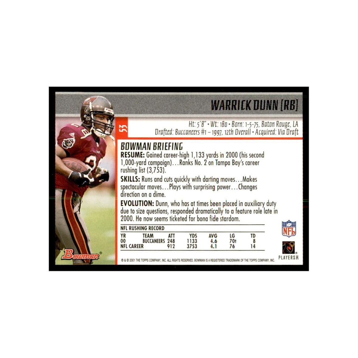 2001 Bowman Warrick Dunn Football Cards #53