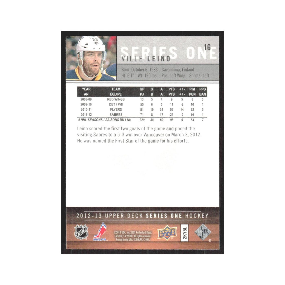 2012 Upper Deck Ville Leino Buffalo Sabres #16