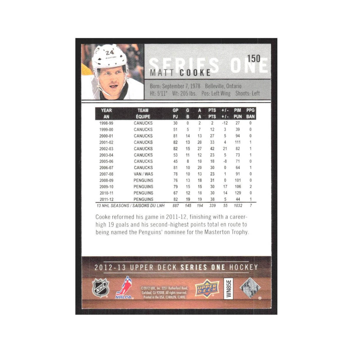 2012 Upper Deck Matt Cooke Pittsburgh Penguins #150