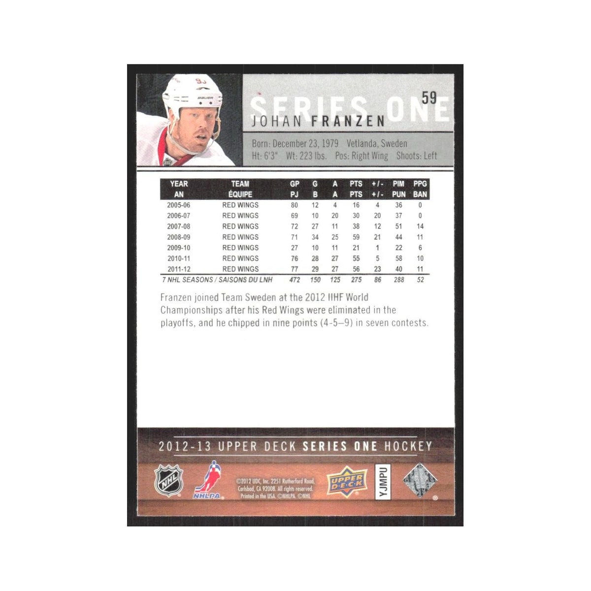 2012 Upper Deck Johan Franzen Detroit Red Wings #59