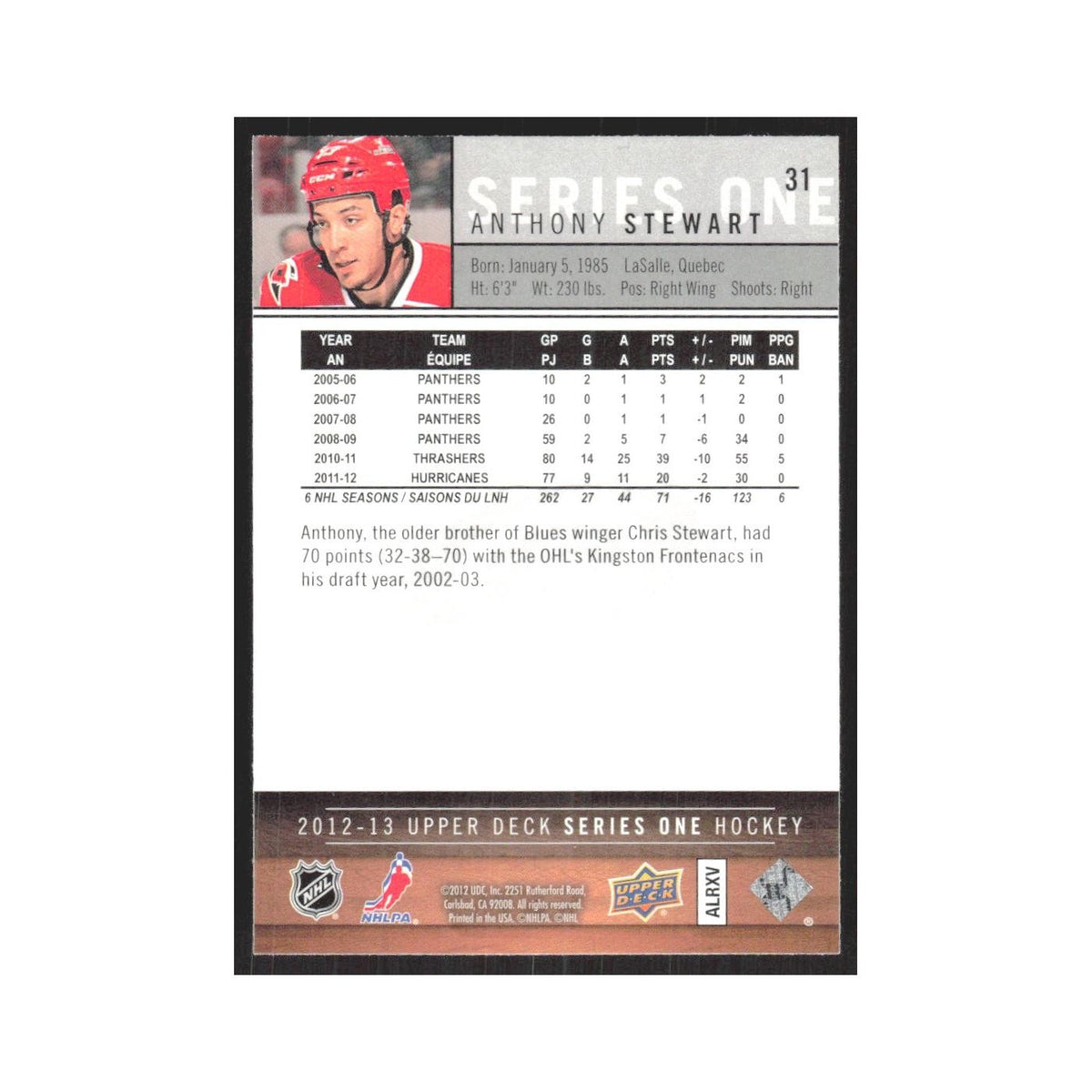 2012 Upper Deck Anthony Stewart Carolina Hurricanes #31