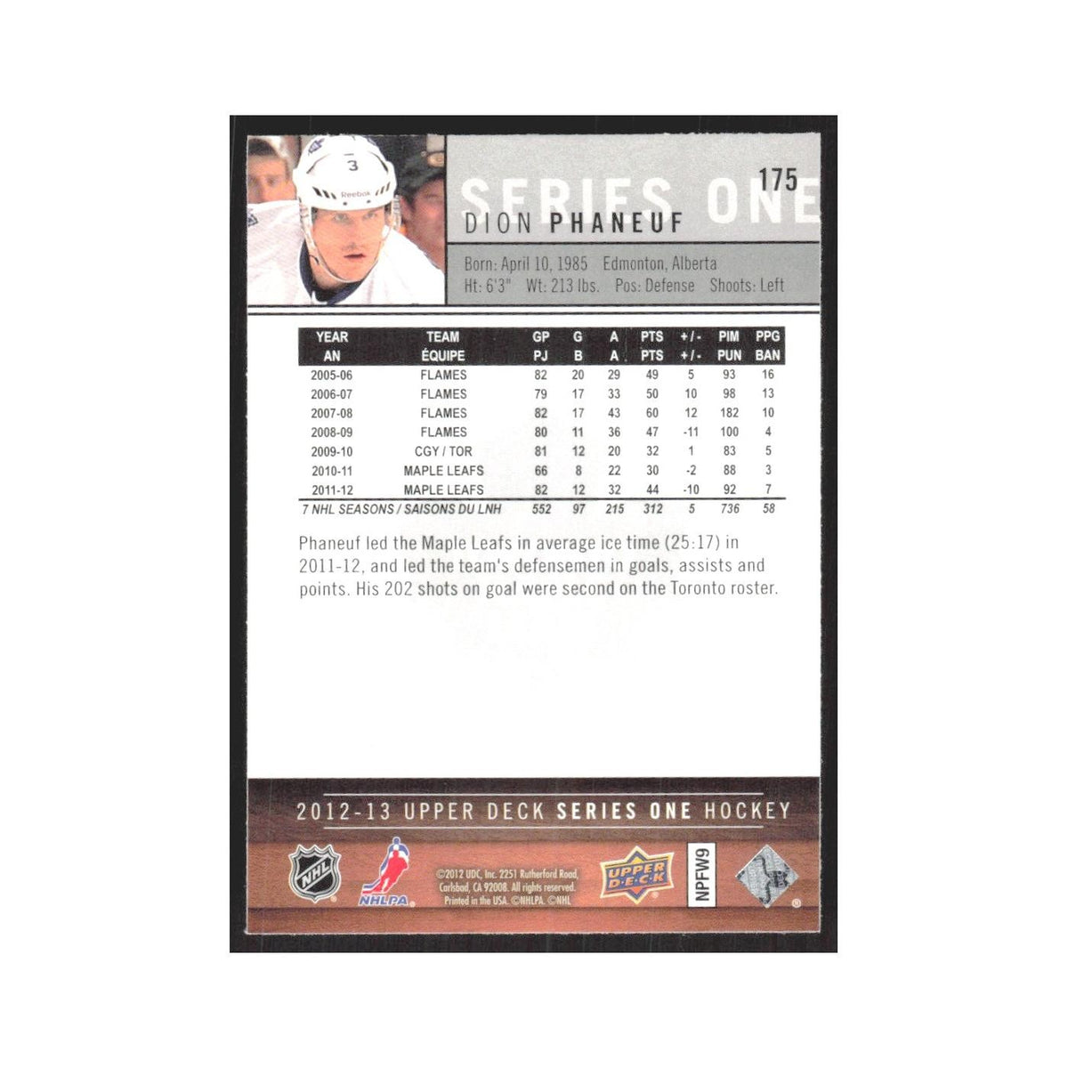 2012 Upper Deck Dion Phaneuf Toronto Maple Leafs #175