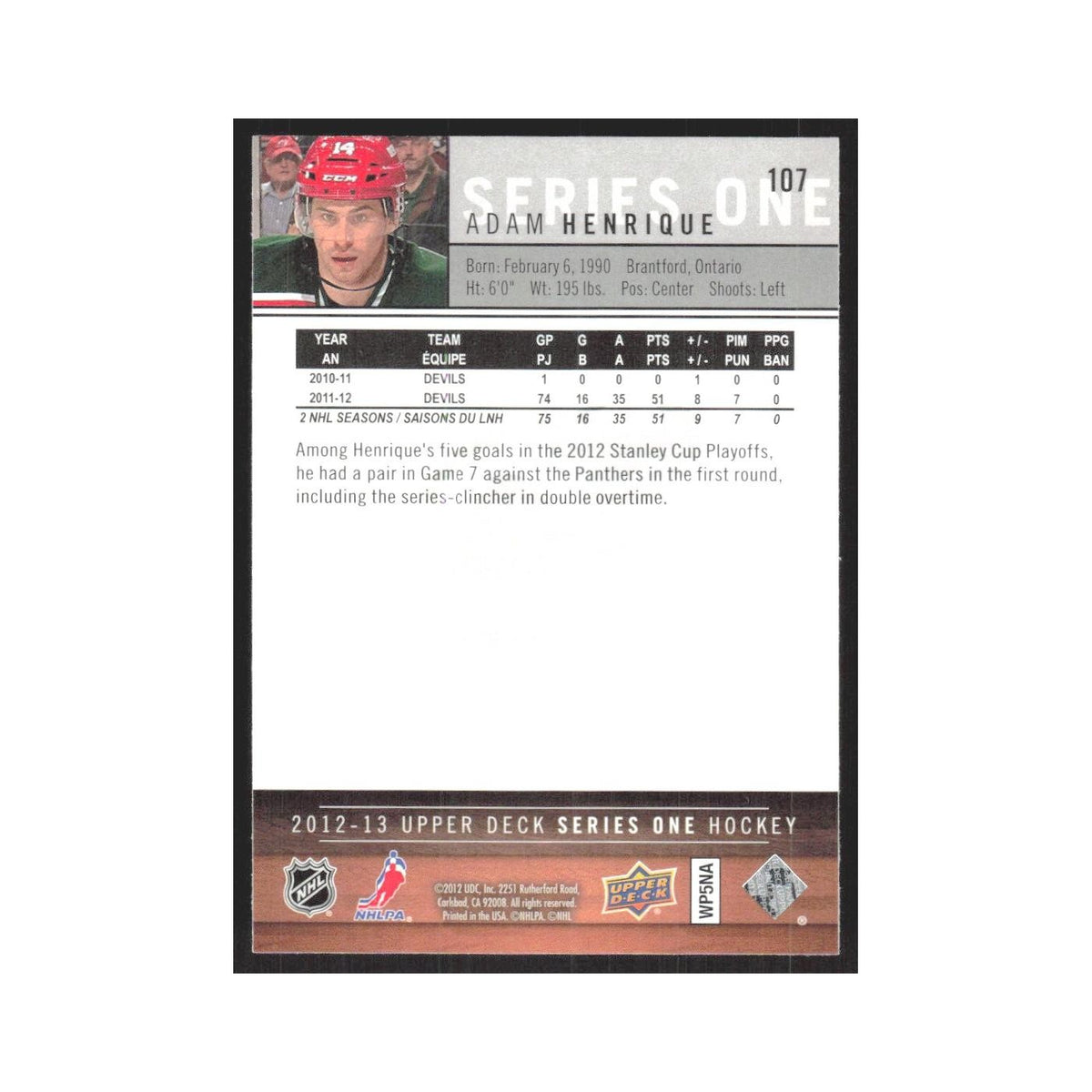 2012 Upper Deck Adam Henrique New Jersey Devils #107