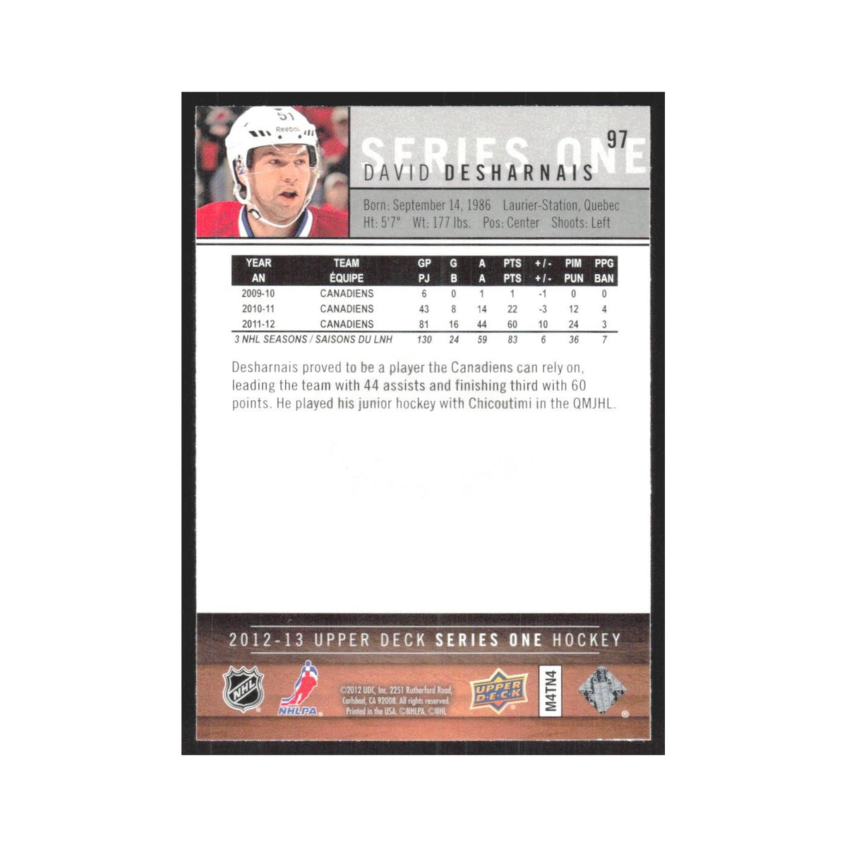 2012 Upper Deck David Desharnais Montreal Canadiens #97