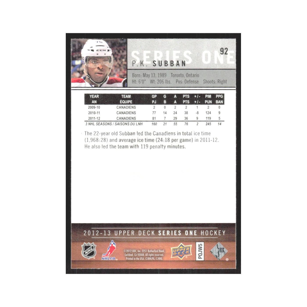 2012 Upper Deck P.K. Subban Montreal Canadiens #92