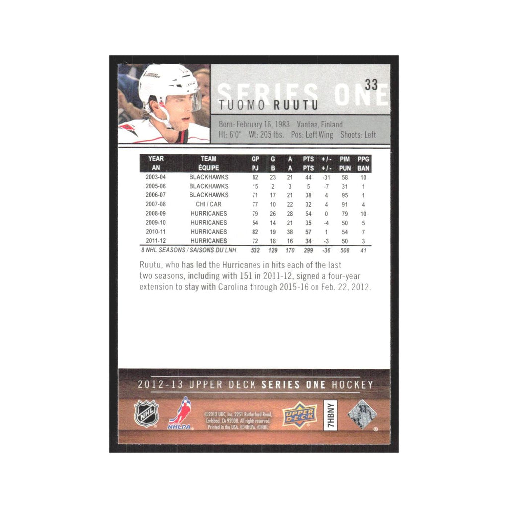 2012 Upper Deck Tuomo Ruutu Carolina Hurricanes #33
