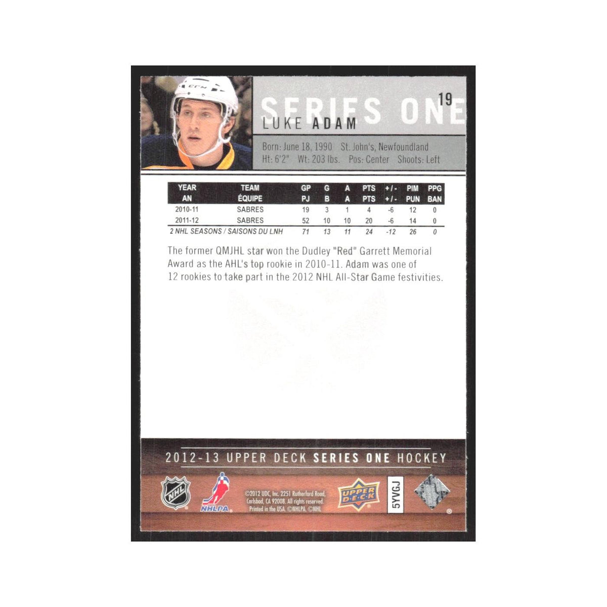 2012 Upper Deck Luke Adam Buffalo Sabres #19