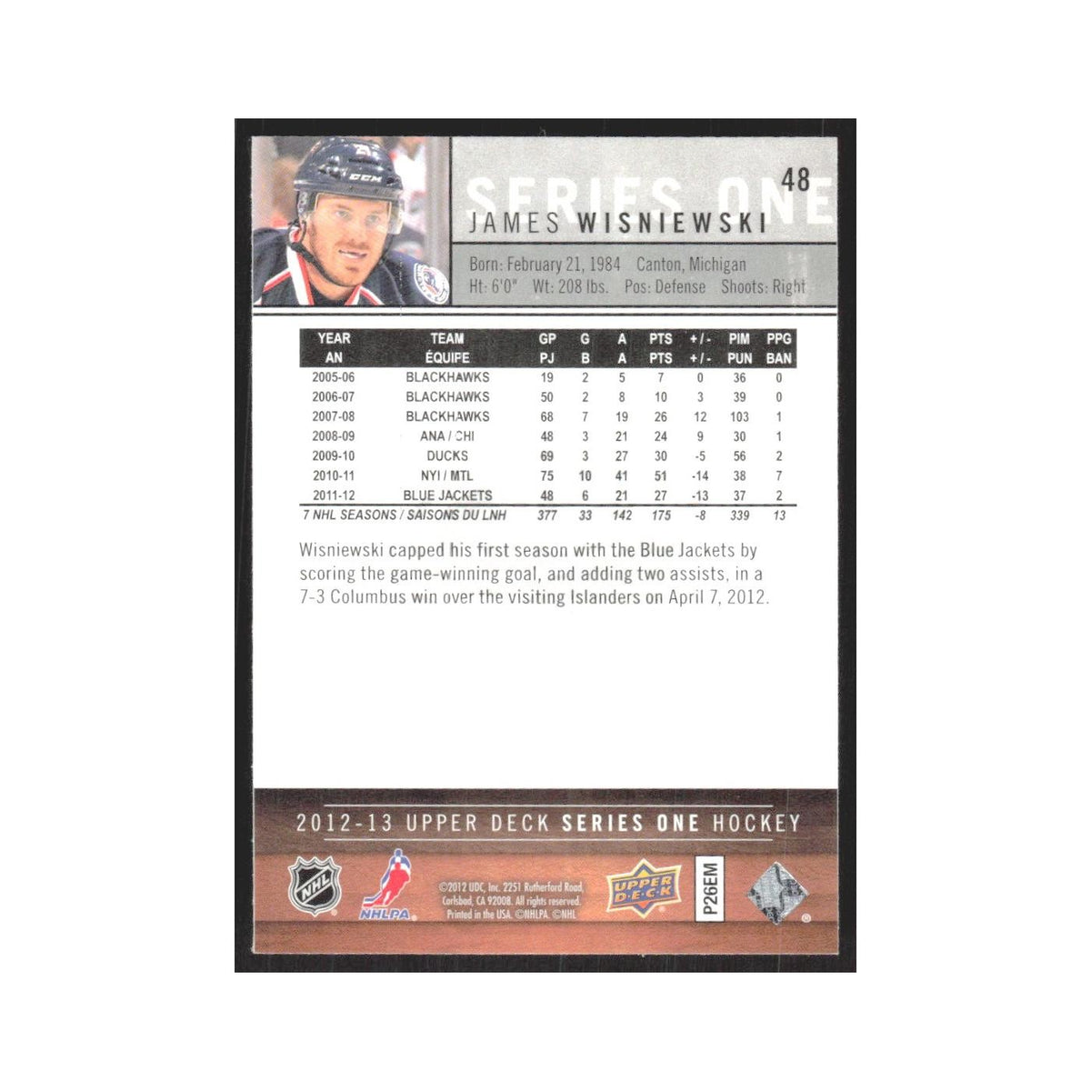2012 Upper Deck James Wisniewski Columbus Blue Jackets #48