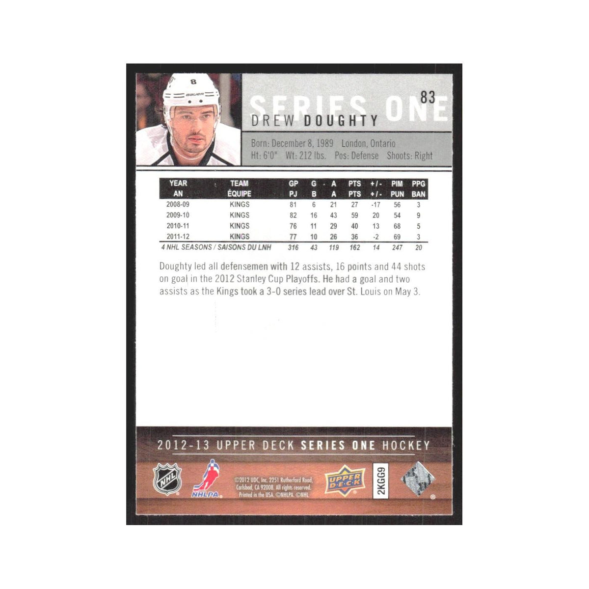 2012 Upper Deck Drew Doughty Los Angeles Kings #83