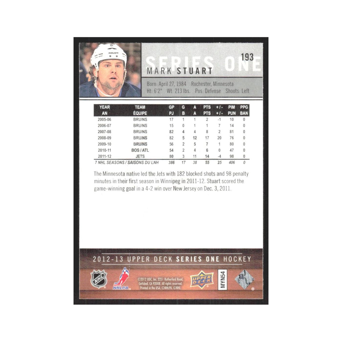 2012 Upper Deck Mark Stuart Winnipeg Jets #193