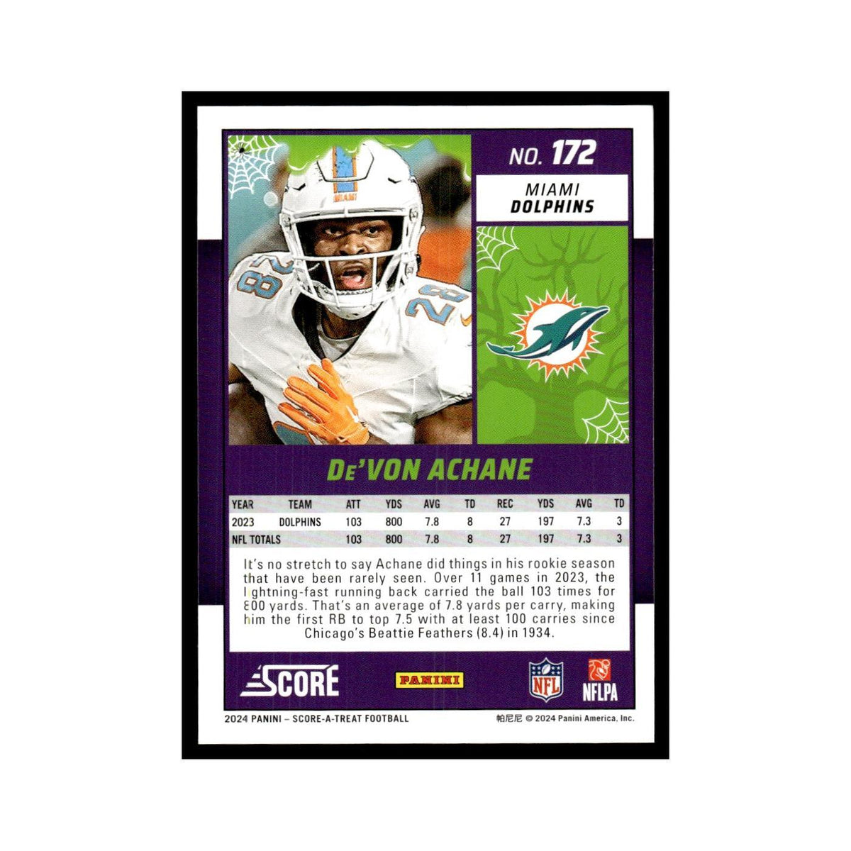 De'Von Achane 2024 Score-A-Treat #172 Miami Dolphins Football Card NM