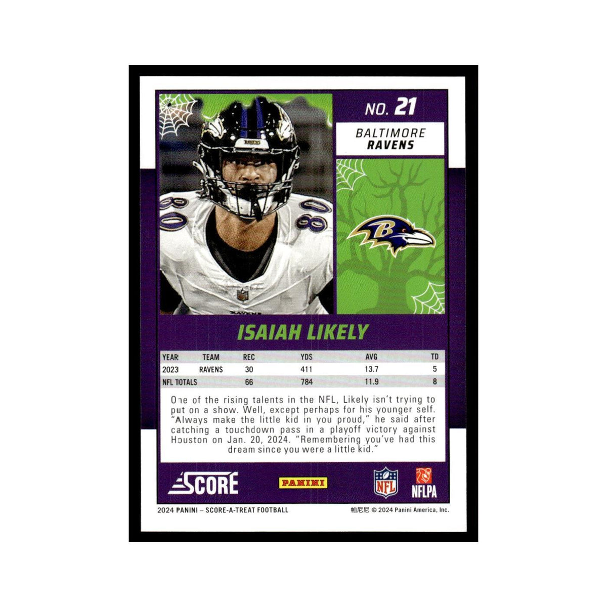Isaiah Likely 2024 Score-A-Treat #21 Baltimore Ravens Football Card NM