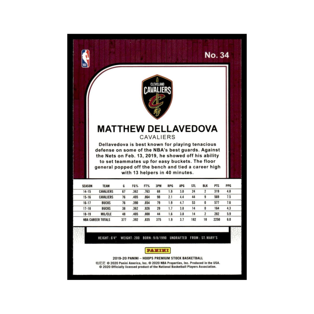 Matthew Dellavedova 2019 Hoops Premium Stock #34 Cleveland Cavaliers NM