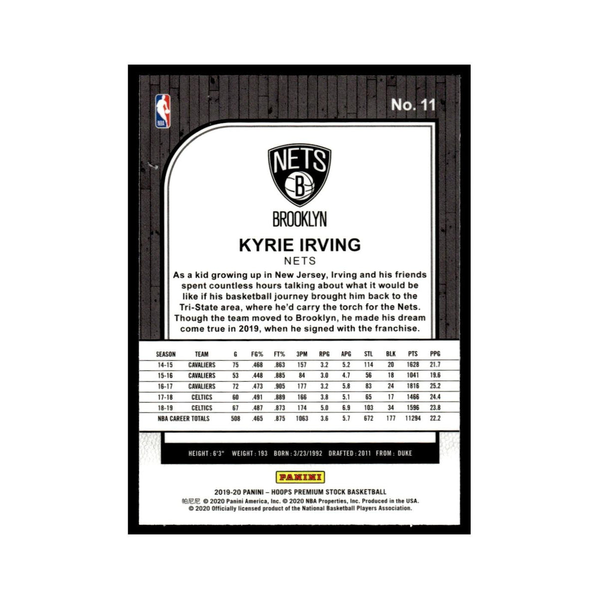 Kyrie Irving 2019 Hoops Premium Stock #11 Brooklyn Nets Basketball Card NM