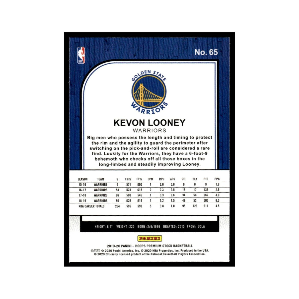 Kevon Looney 2019 Hoops Premium Stock #65 Golden State Warriors NM