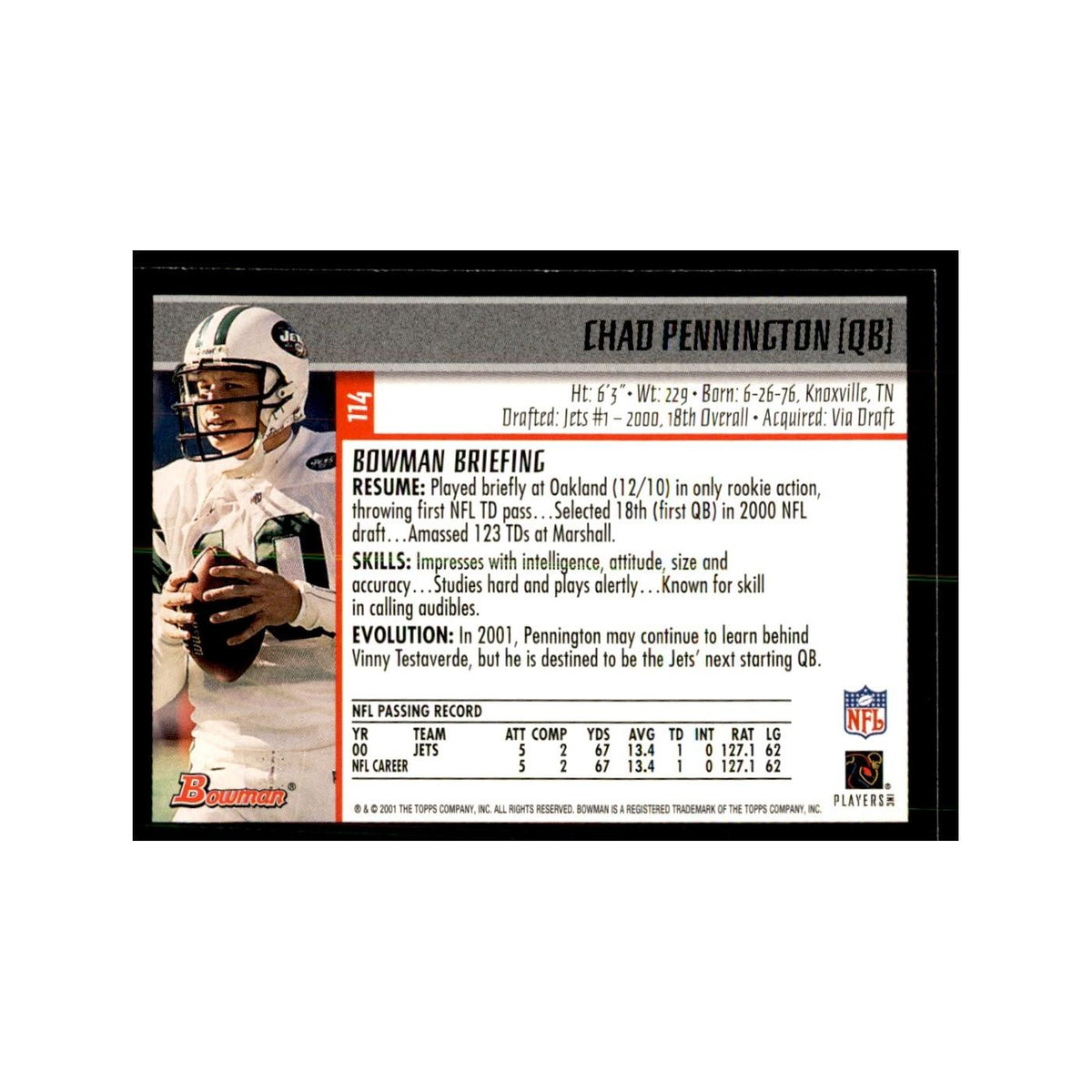 2001 Bowman Gold Chad Pennington Football Cards #114