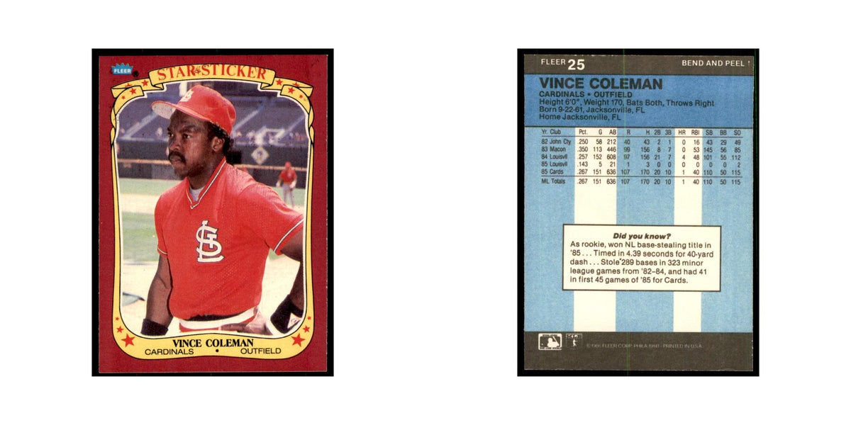 1986 Fleer Star Stickers Vince Coleman Baseball Cards #25