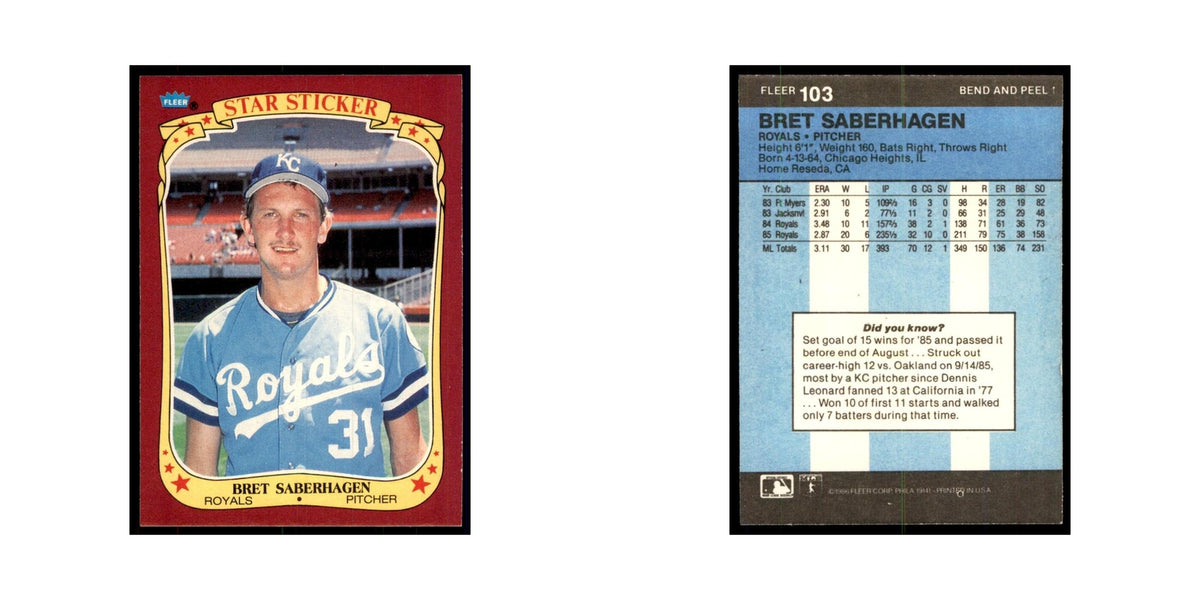 1986 Fleer Star Stickers Bret Saberhagen Baseball Cards #103