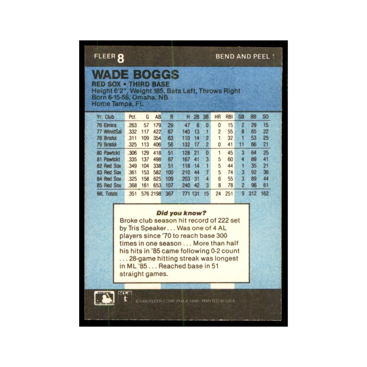 1986 Fleer Star Stickers Wade Boggs Baseball Cards #8