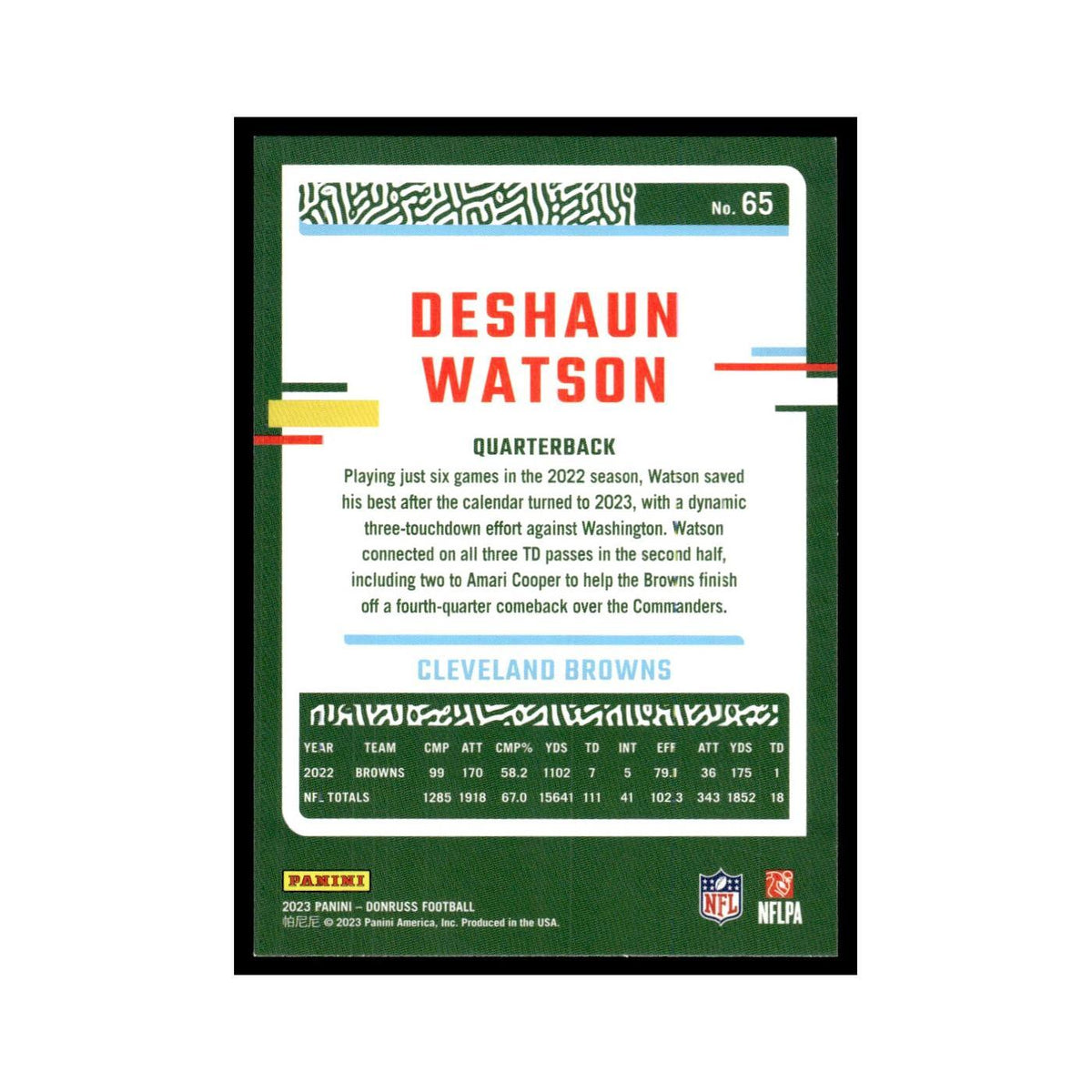 Deshaun Watson 2023 Donruss #65 Cleveland Browns Football Card NM