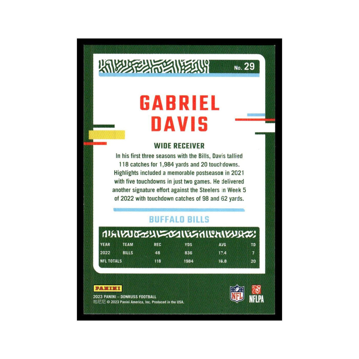 Gabriel Davis 2023 Donruss #29 Buffalo Bills Football Card NM