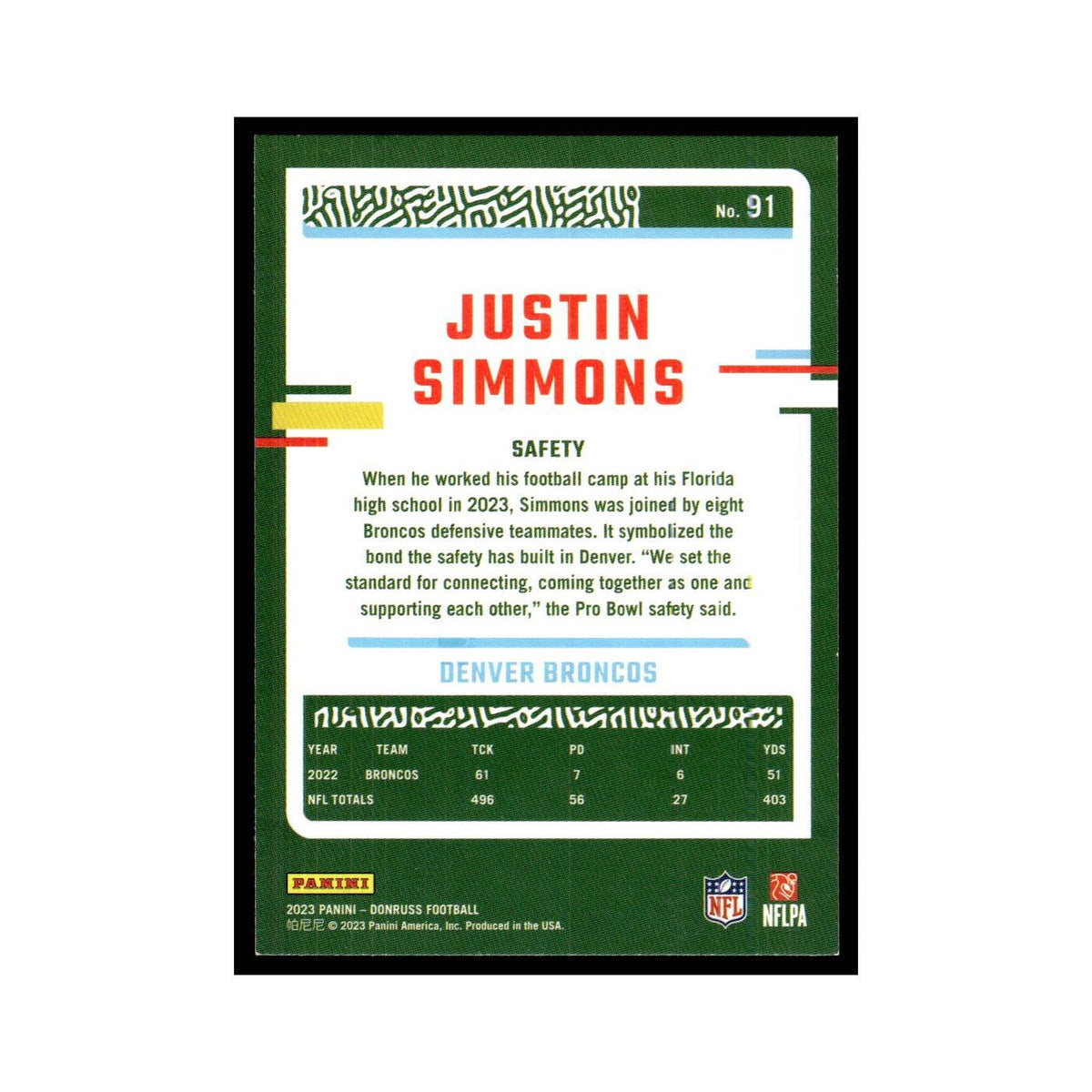 Justin Simmons 2023 Donruss #91 Denver Broncos Football Card NM