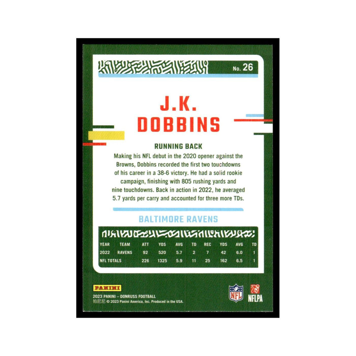 J.K. Dobbins 2023 Donruss #26 Baltimore Ravens Football Card NM