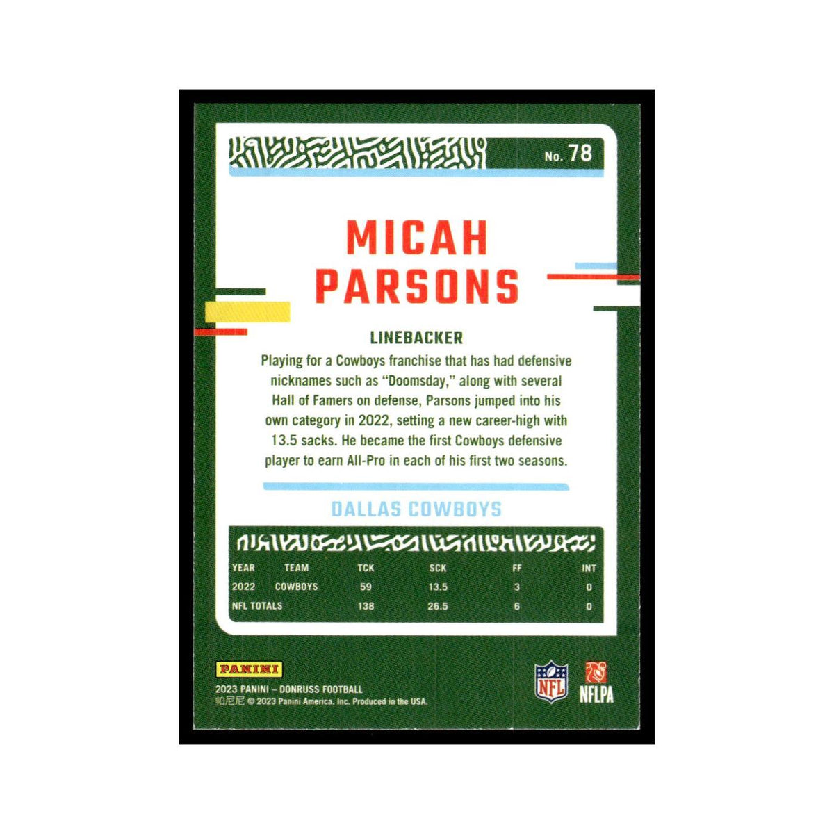Micah Parsons 2023 Donruss #78 Dallas Cowboys Football Card NM