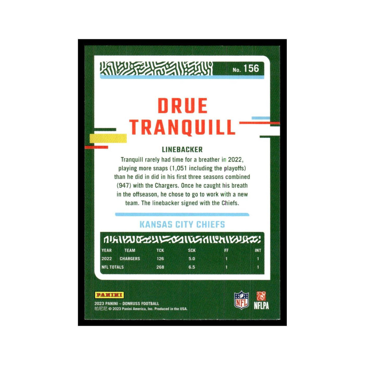Drue Tranquill 2023 Donruss #156 Kansas City Chiefs Football Card NM