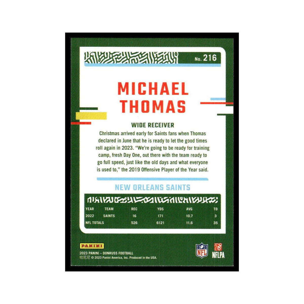 Michael Thomas 2023 Donruss #216 New Orleans Saints Football Card NM
