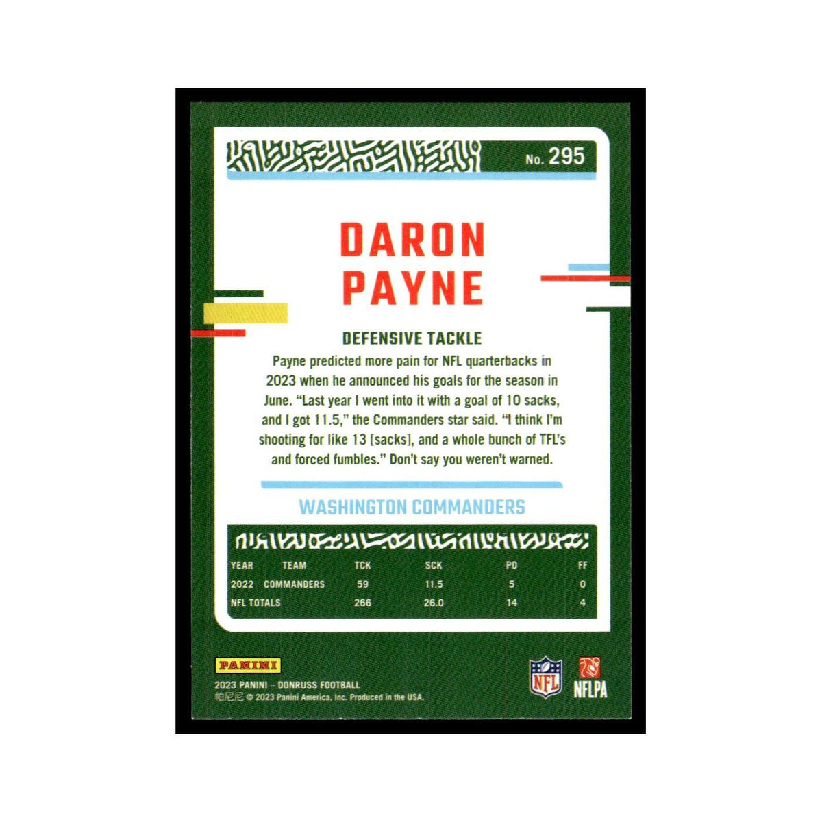 Daron Payne 2023 Donruss #295 Washington Commanders Football Card NM
