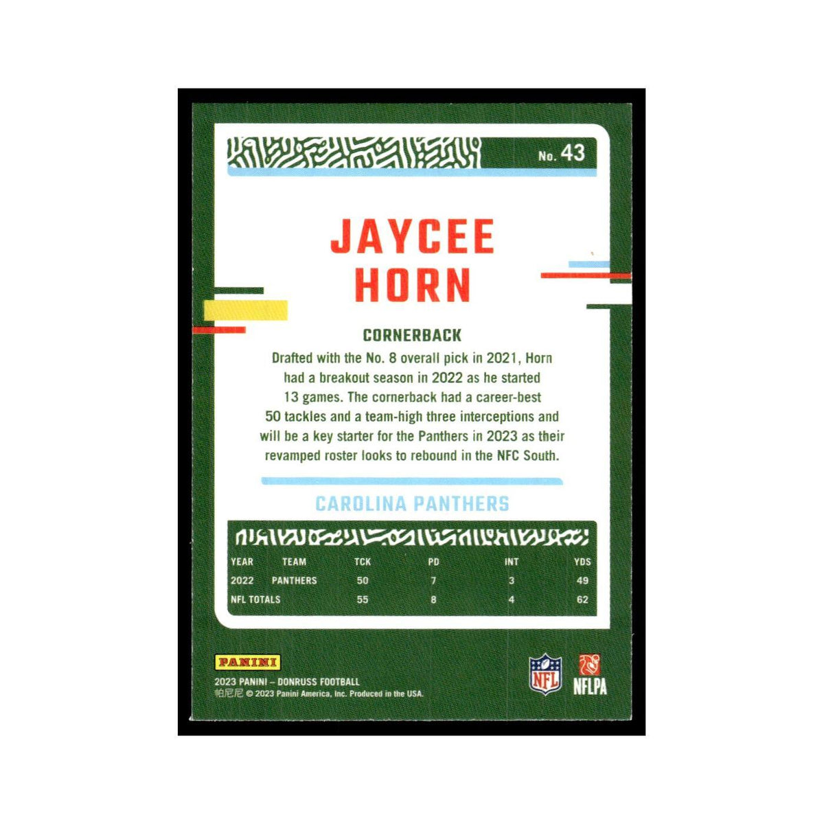Jaycee Horn 2023 Donruss #43 Carolina Panthers Football Card NM