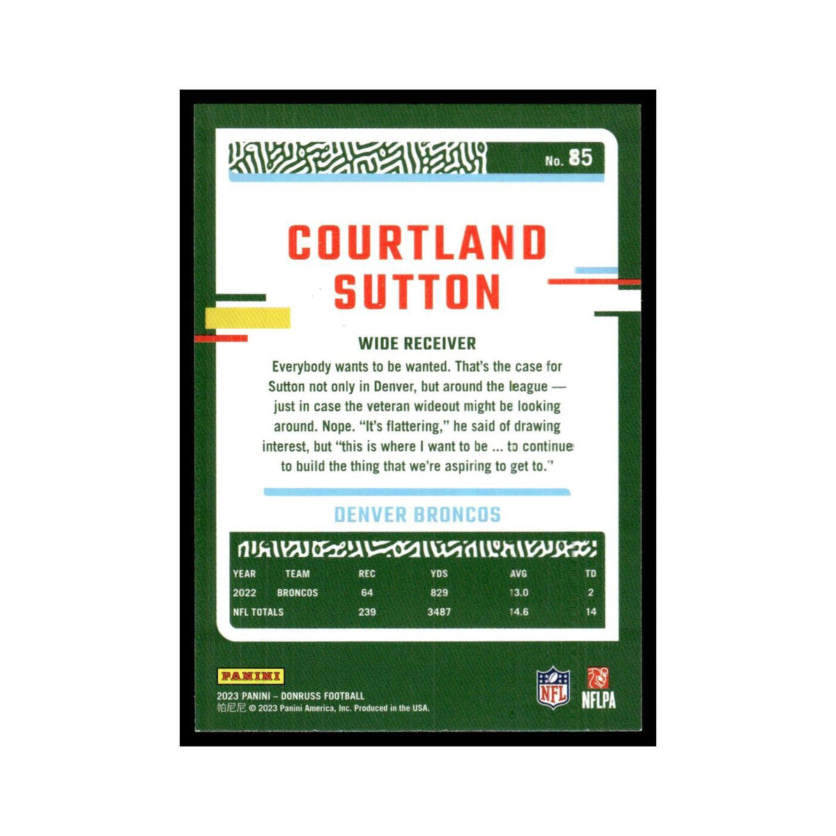 Courtland Sutton 2023 Donruss #85 Denver Broncos Football Card NM
