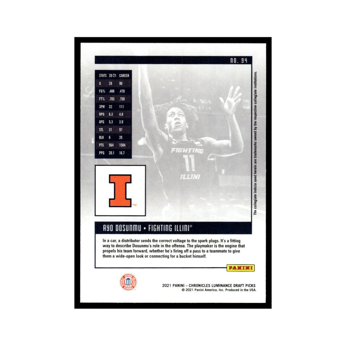 Ayo Dosunmu 2021 Panini Chronicles Luminance Draft #94 NM