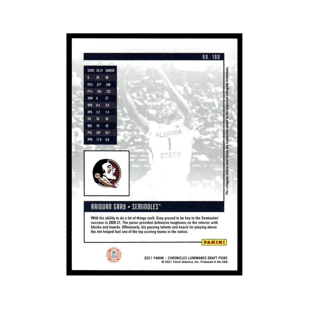 RaiQuan Gray 2021 Panini Chronicles Luminance Draft #100 NM