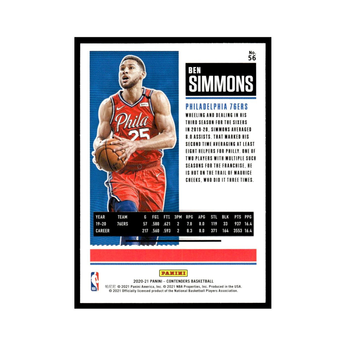 Ben Simmons 2020 Panini Contenders #56 Philadelphia 76ers Basketball Card NM