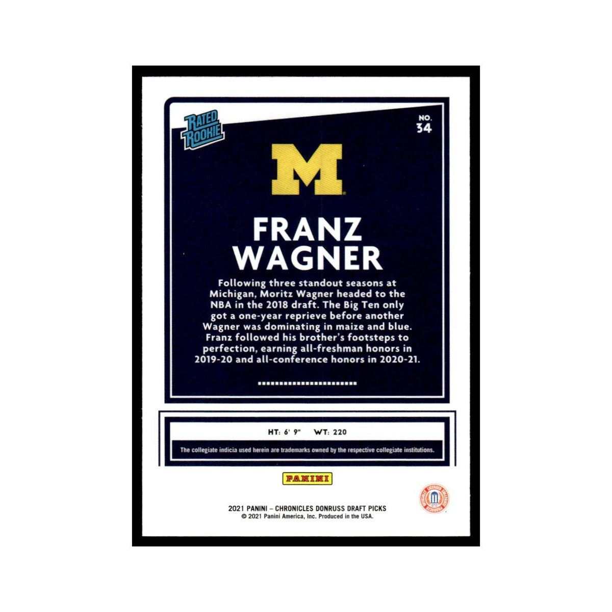 Franz Wagner Rookie 2021 Panini Chronicles Donruss Draft Picks #34 NM