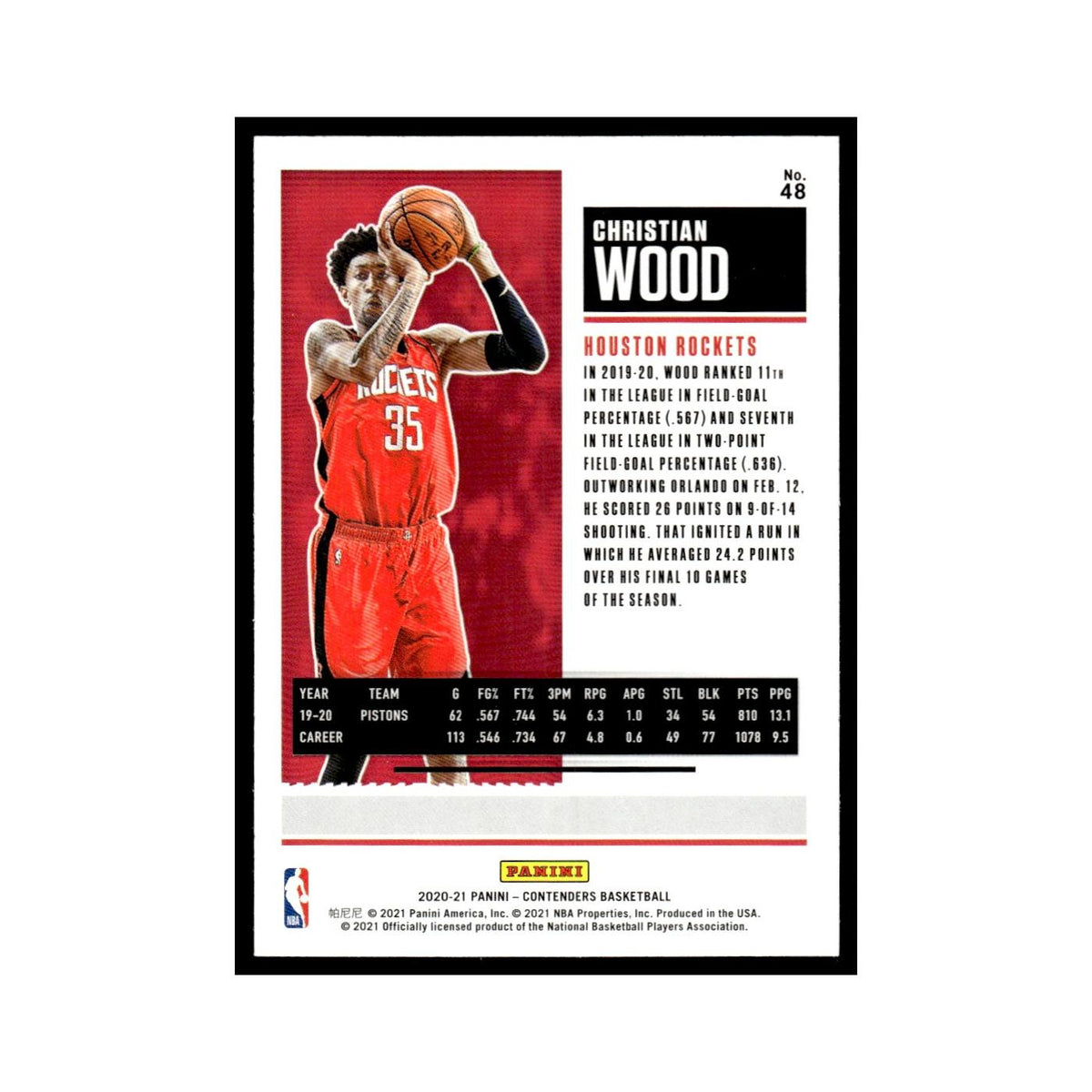 Christian Wood 2020 Panini Contenders #48 Houston Rockets Basketball Card NM