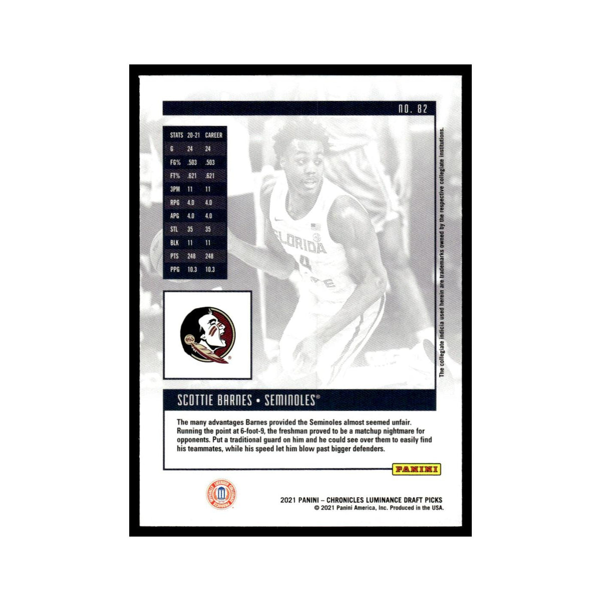 Scottie Barnes Rookie 2021 Panini Chronicles Luminance Draft #82 Raptors NM