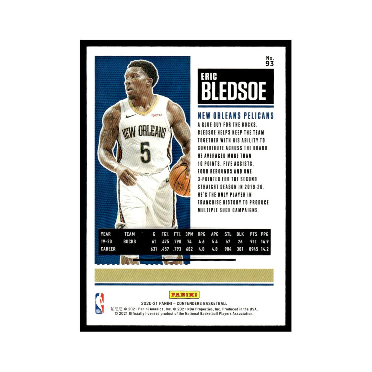 Eric Bledsoe 2020 Panini Contenders #93 New Orleans Pelicans Basketball Card NM
