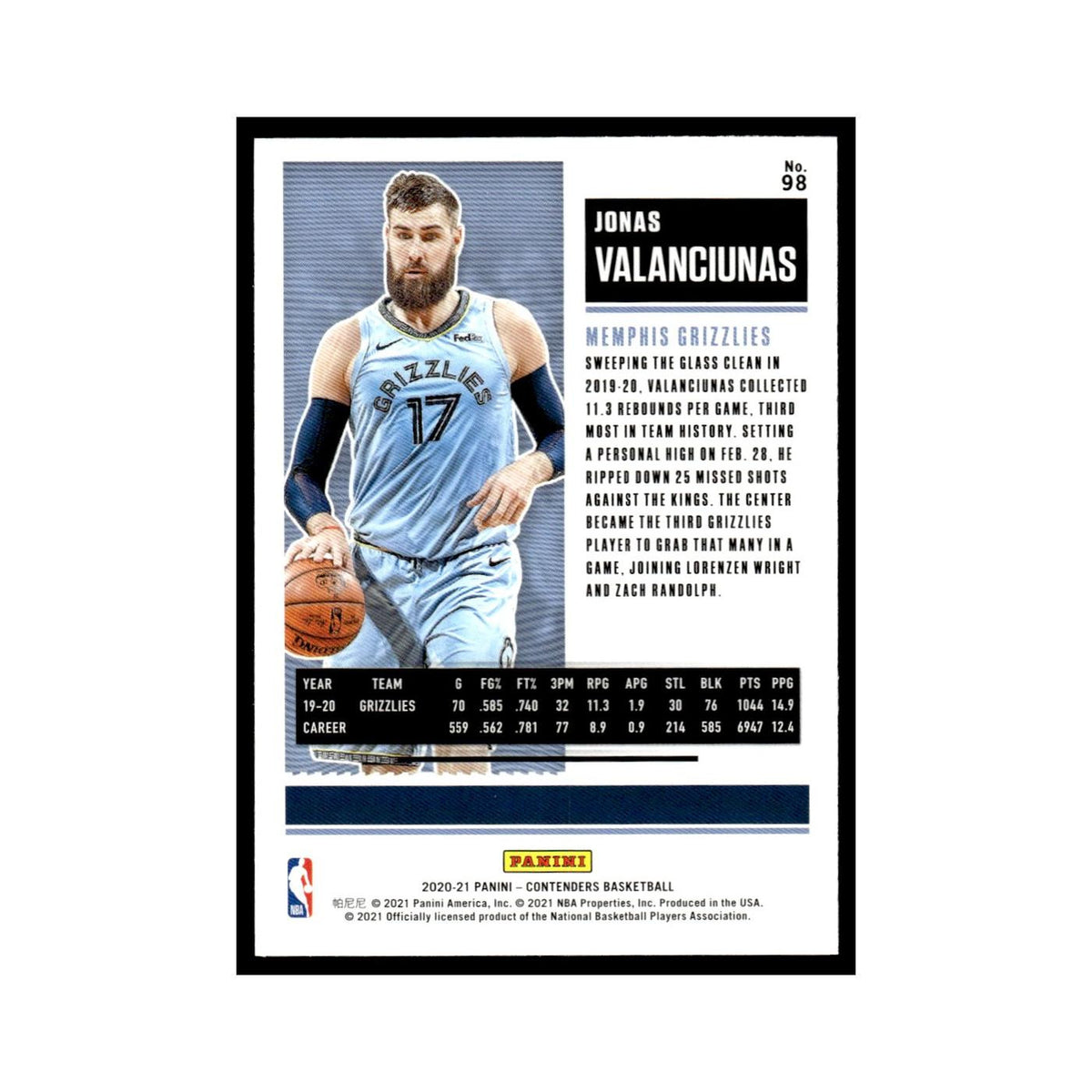 Jonas Valanciunas 2020 Panini Contenders #98 Memphis Grizzlies NM