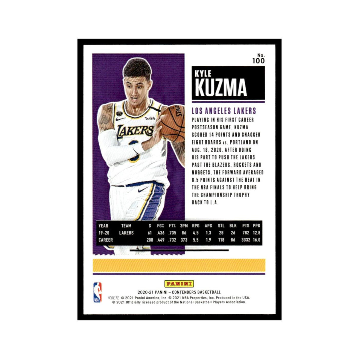 Kyle Kuzma 2020 Panini Contenders #100 Washington Wizards Basketball Card NM
