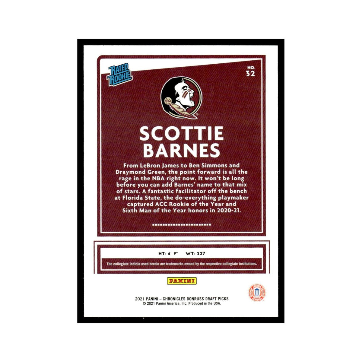 Scottie Barnes Rookie 2021 Panini Chronicles Donruss Draft Picks #32 NM